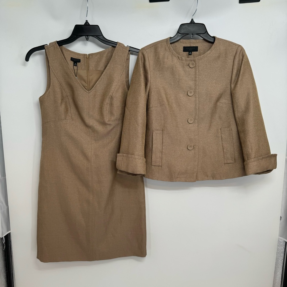NWT Talbots Linen Blend Gold Metallic Sleeveless Sheath Dress With Blazer Sz 6P